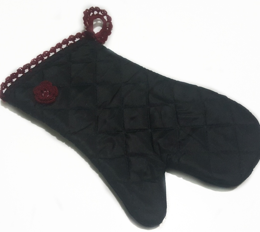 Black Spring Flower Oven Potholder Mitt-Hanging-Handmade Crocheted